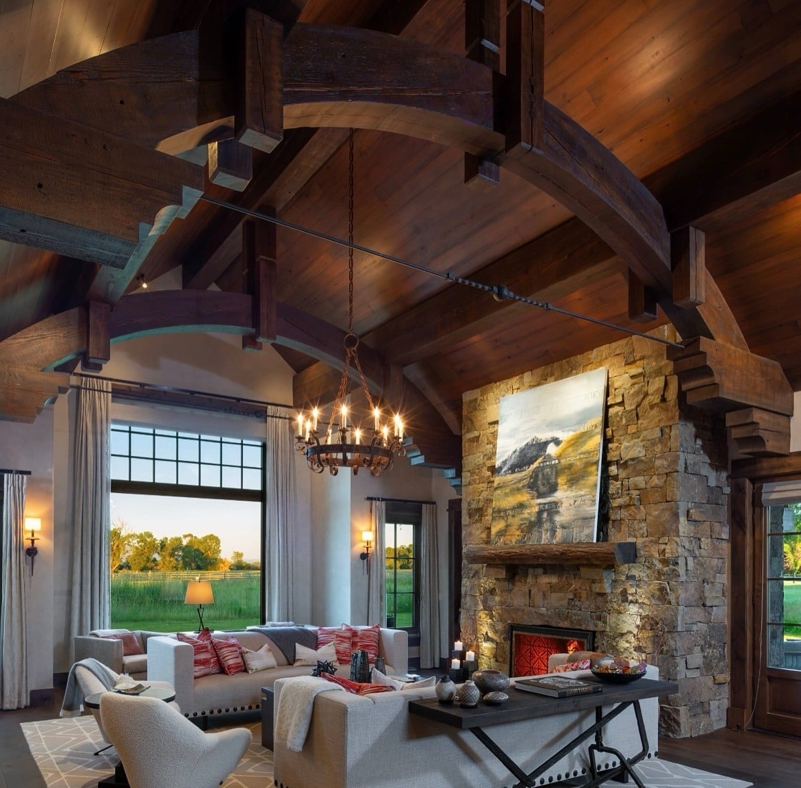 20. Refined Timber and Stone Living - cabin living room ideas