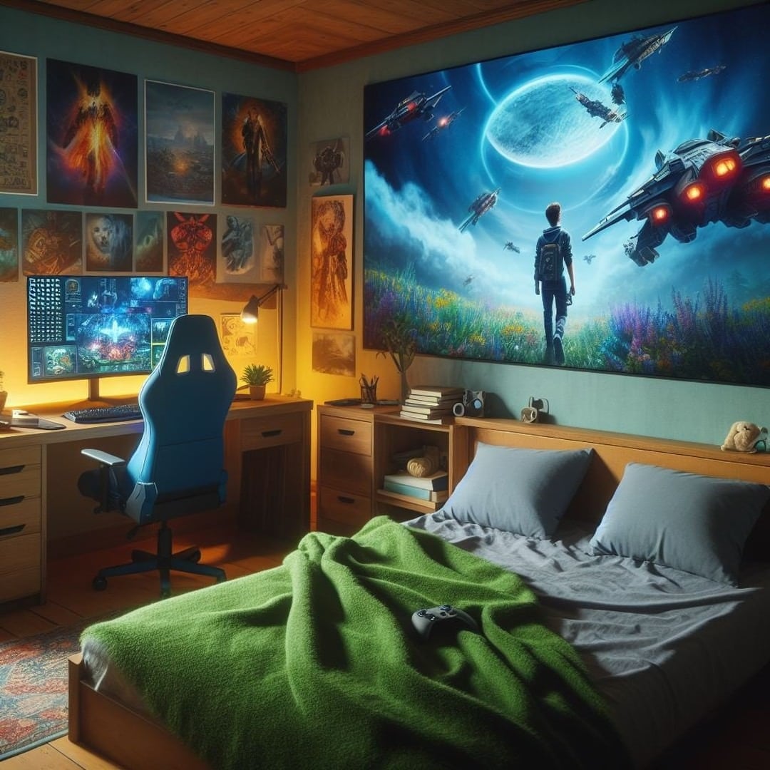 4. Cinematic Poster Wall with Natural Accents - gaming bedroom ideas