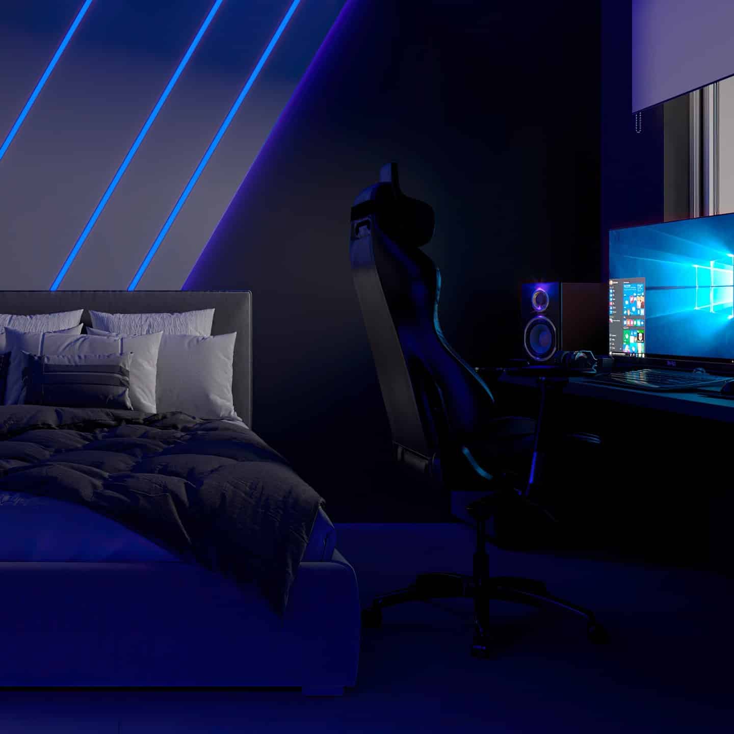 8. Dark Mode Gaming Haven - gaming bedroom ideas
