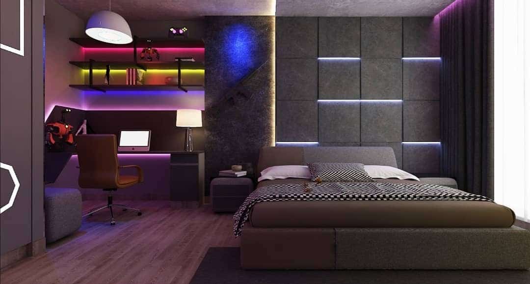 11. Color-Blocked LED Bedroom - gaming bedroom ideas