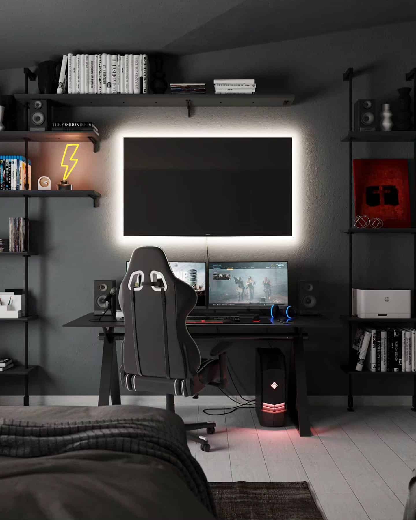 12. Monochrome Gaming Loft with Neon Edge - gaming bedroom ideas
