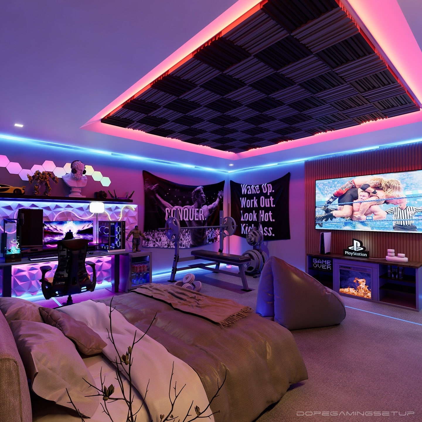 16. Vibrant Multi-Zone Gaming Den - gaming bedroom ideas