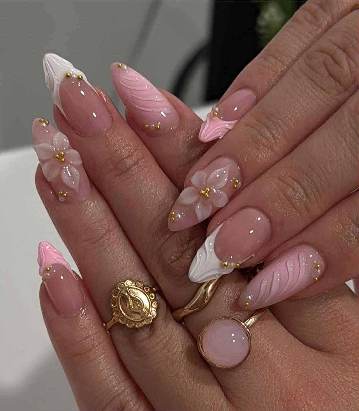 2. Pink and White 3D Floral Elegance - shellac nail ideas