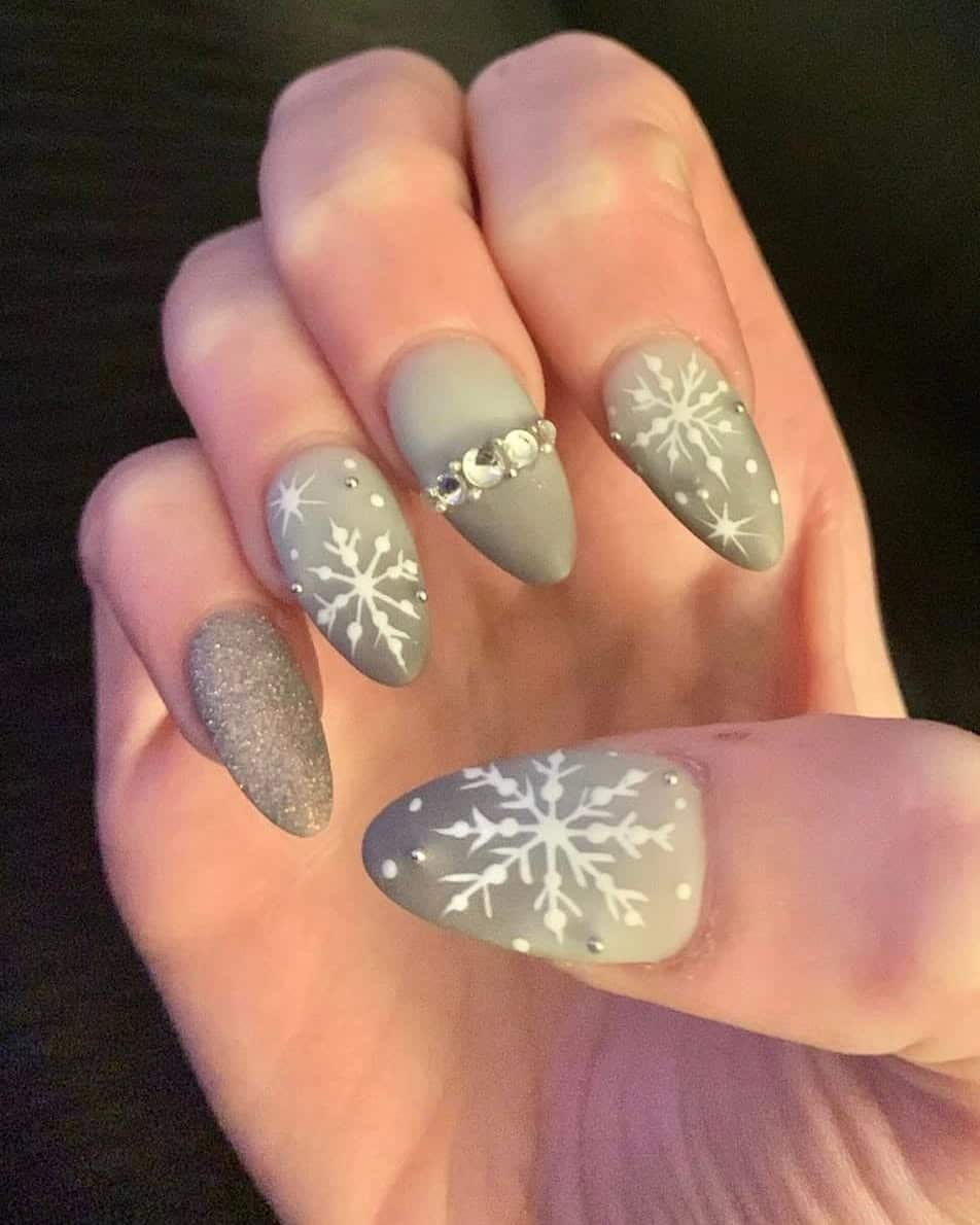 8. Matte Grey Snowflake Glam - shellac nail ideas