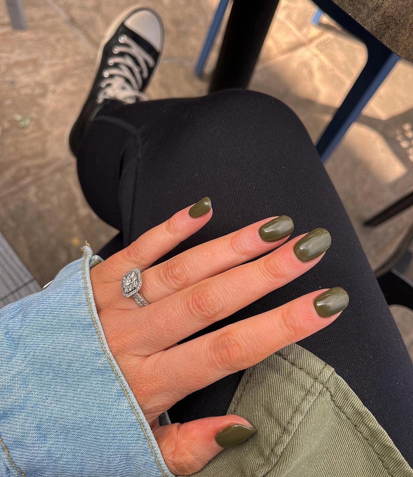 16. Deep Olive Green Shellac - shellac nail ideas