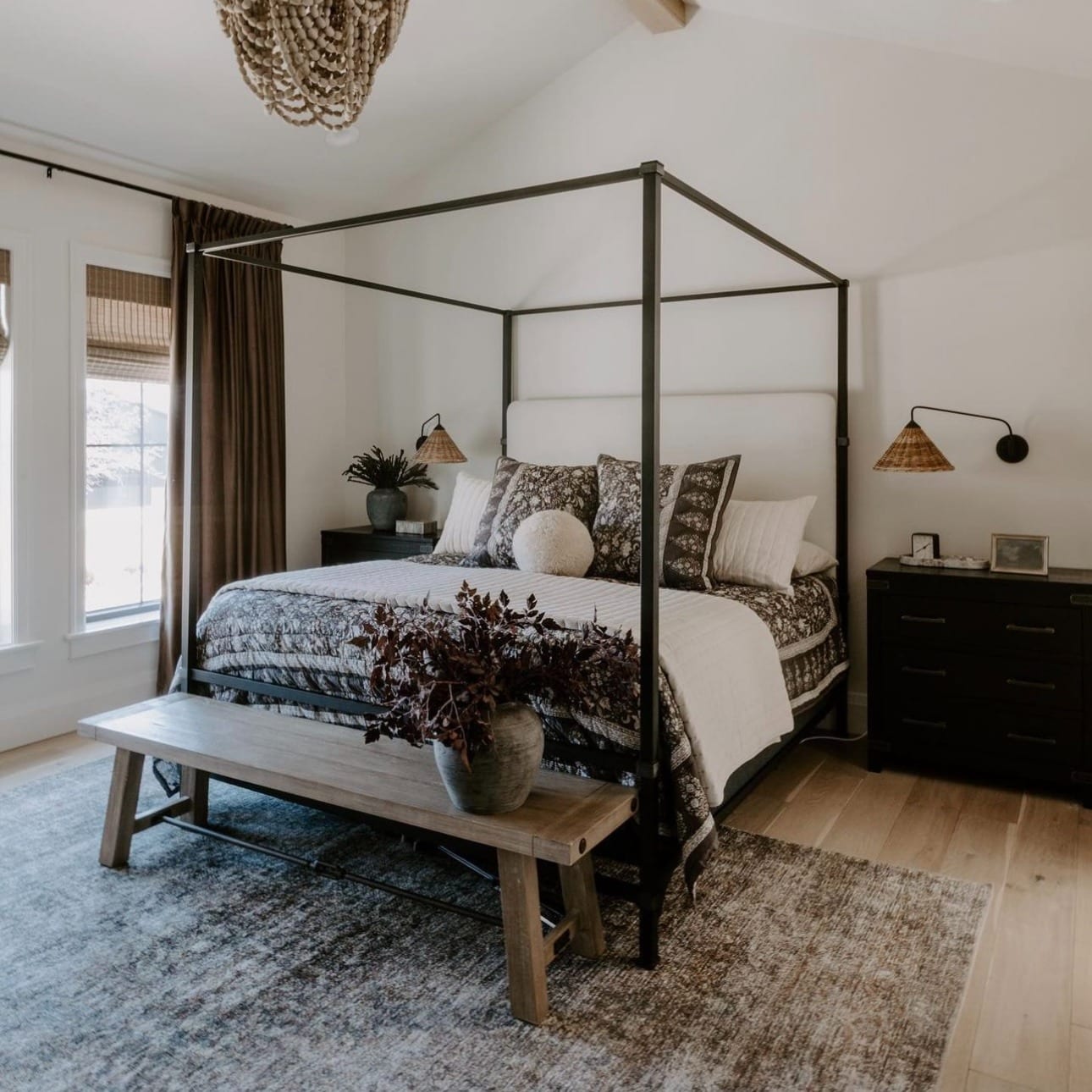 4. Modern Oak Canopy Elegance - oak bedroom ideas