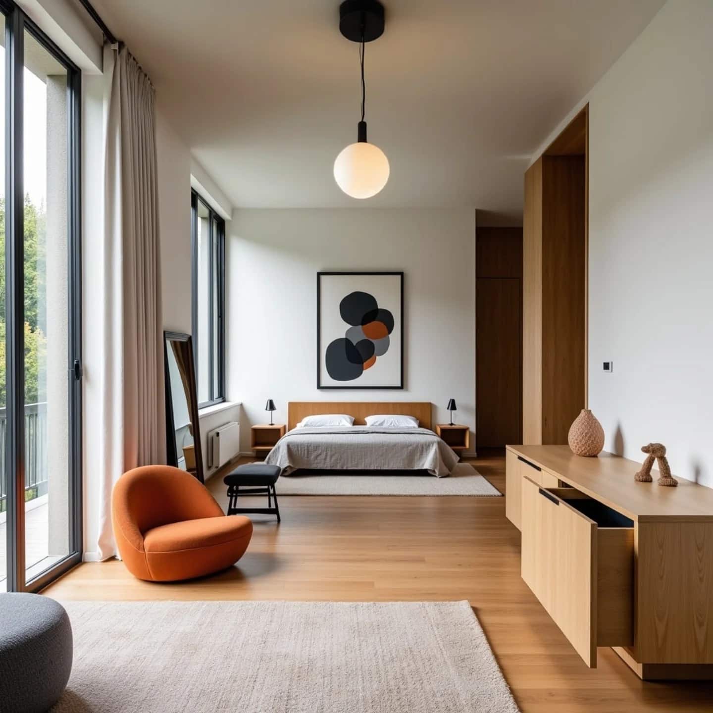 15. Contemporary Oak with Pops of Orange - oak bedroom ideas