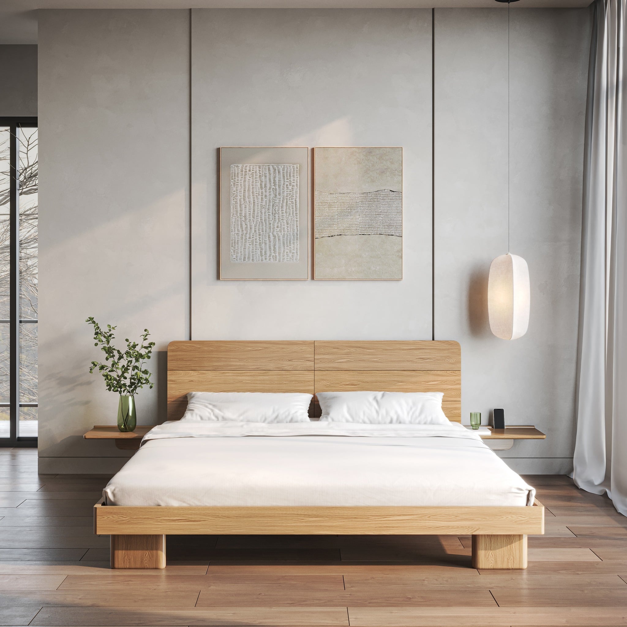 17. Minimal Oak with Floating Nightstands - oak bedroom ideas