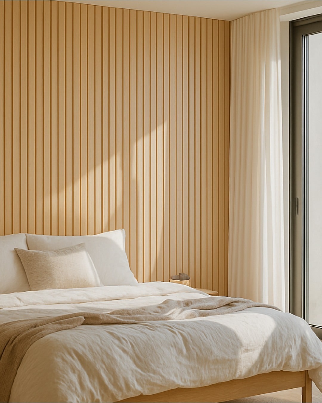 20. Vertical Oak Panels with Soft Textures - oak bedroom ideas