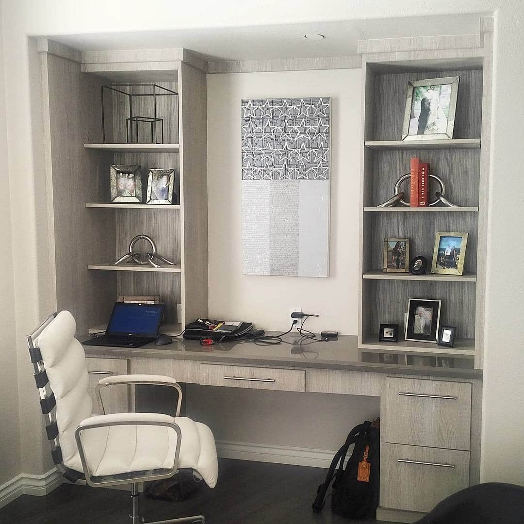 1. Modern Corner Workspace with Built-In Storage - grey desk office ideas