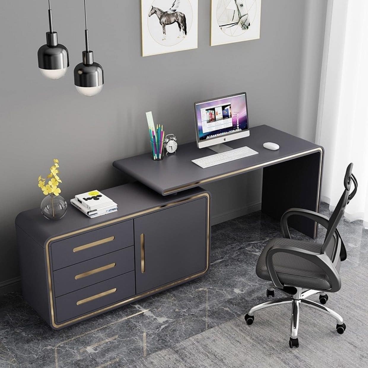 4. Streamlined Grey Desk with Modern Storage - grey desk office ideas