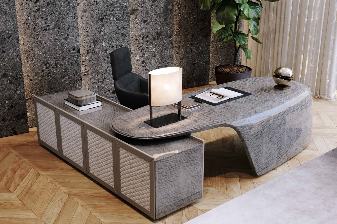 5. Sculptural Grey Desk with Architectural Presence - grey desk office ideas