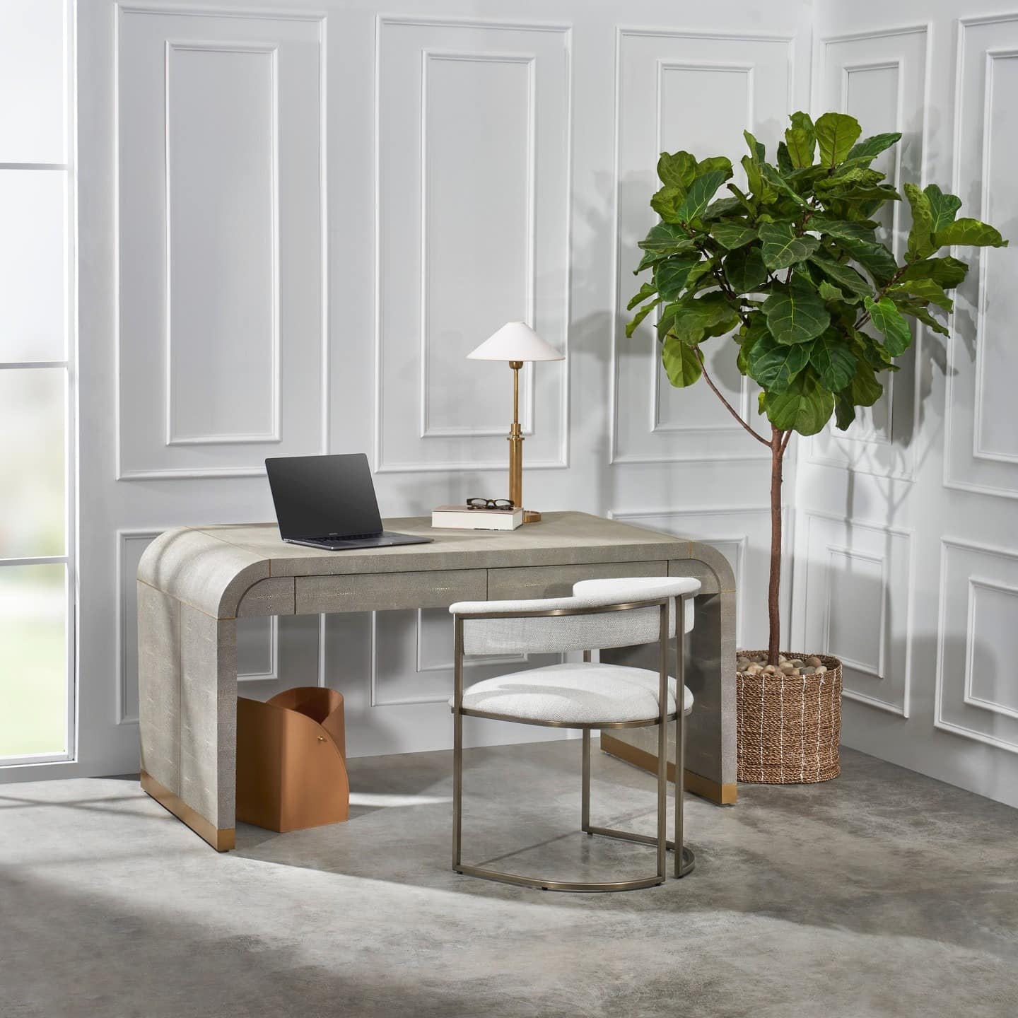 8. Textured Grey Desk with Warm Accents - grey desk office ideas