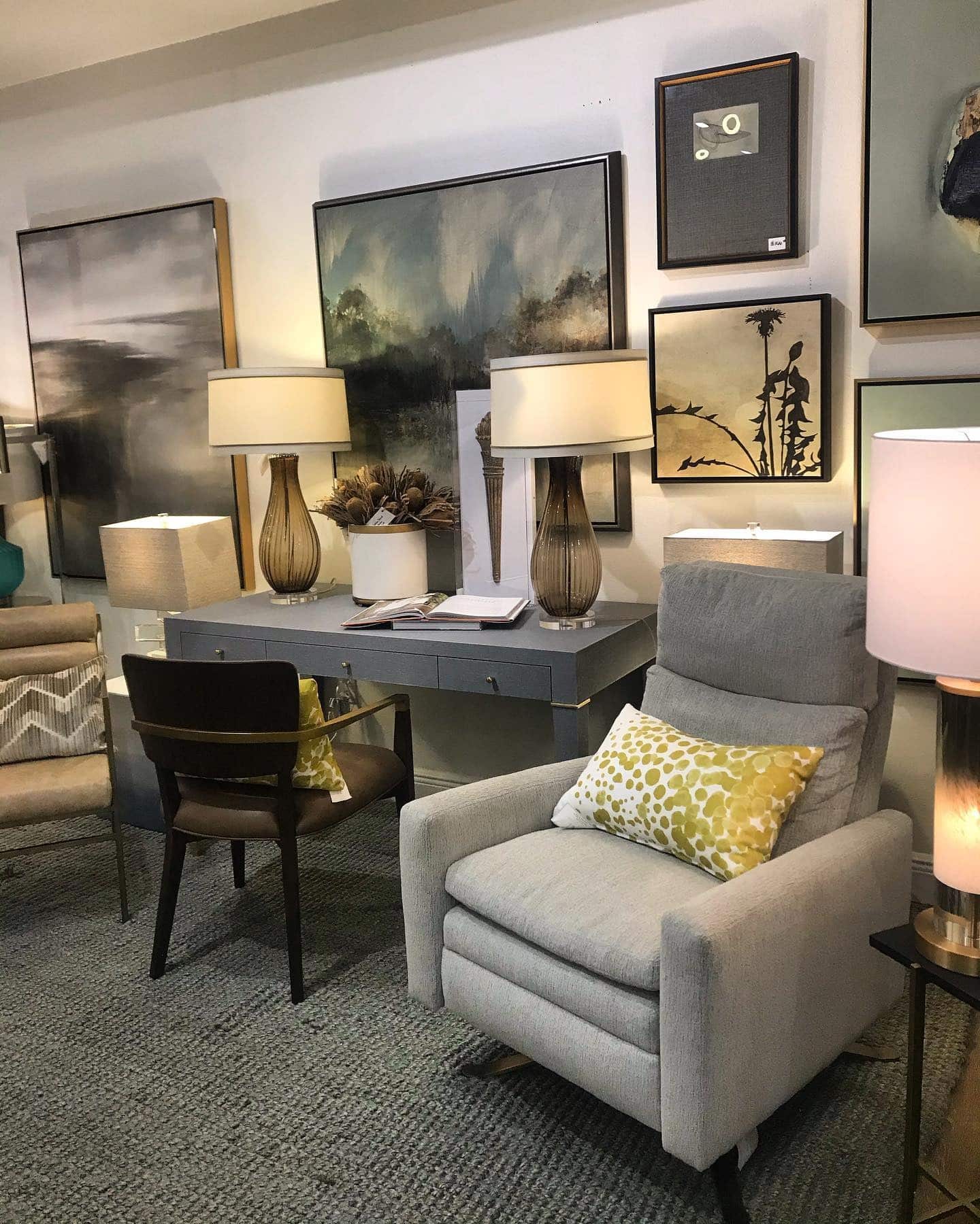 10. Cozy Grey Desk with Layered Lighting - grey desk office ideas