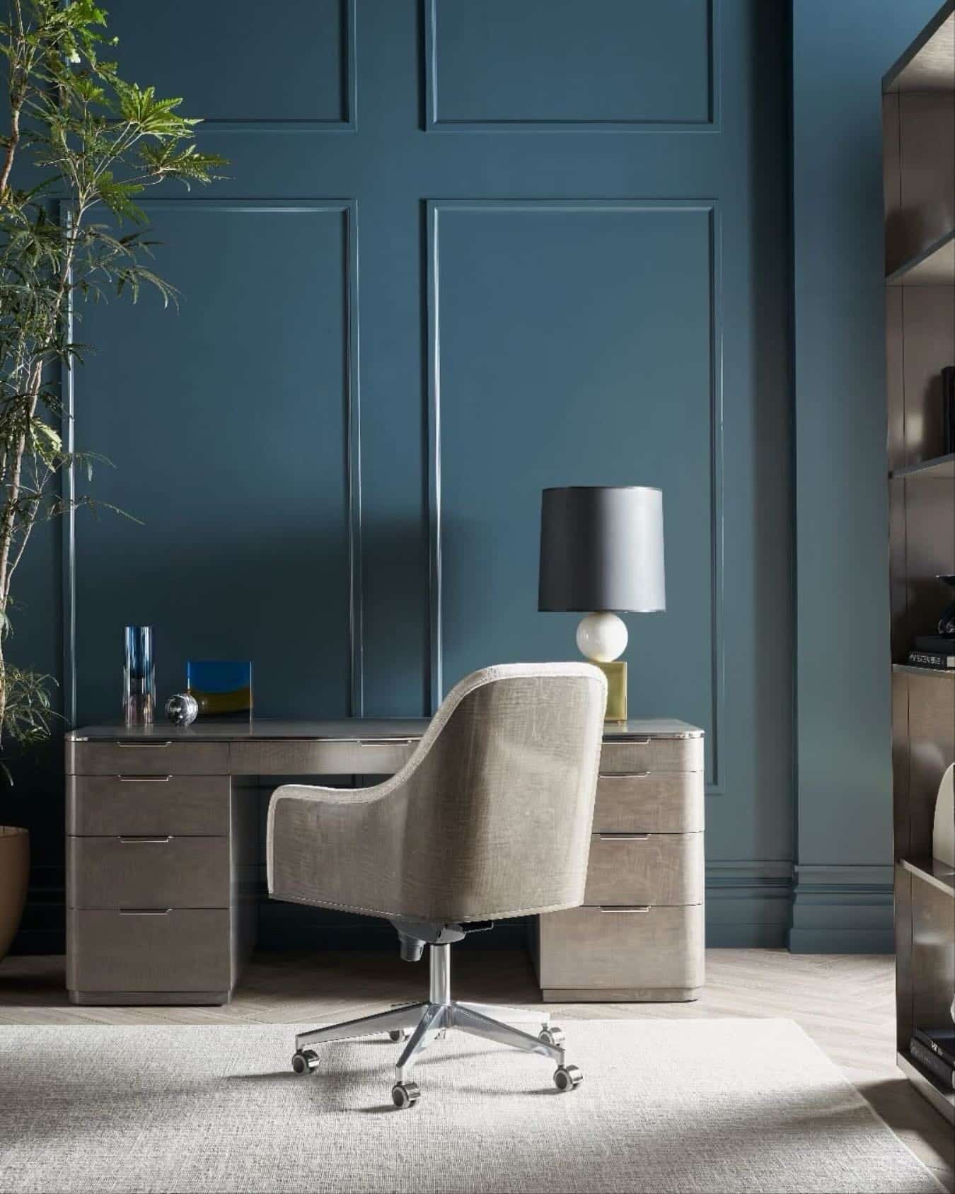 12. Contemporary Grey Desk Against Blue Walls - grey desk office ideas