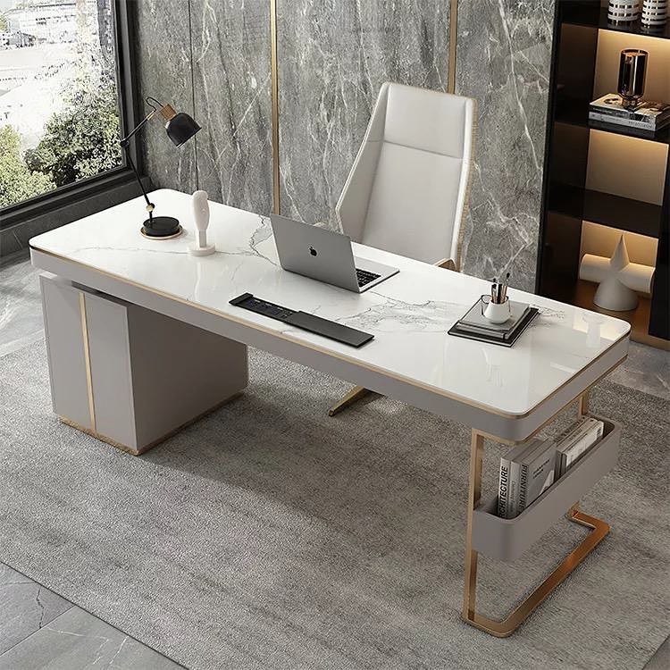 15. Modern Grey Desk with Marble Finish - grey desk office ideas