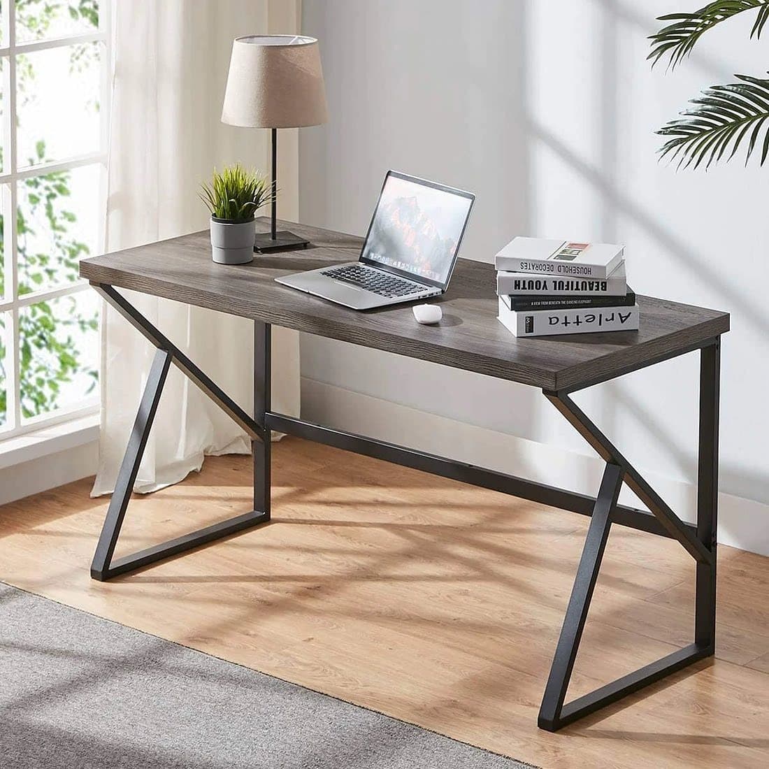 16. Industrial Grey Desk with Black Metal Base - grey desk office ideas
