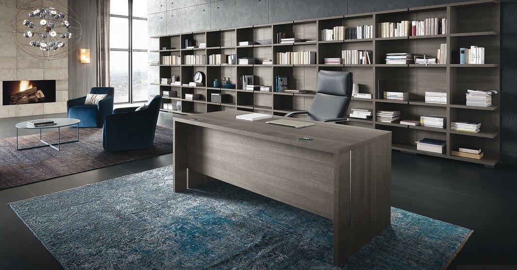 18. Grey Wood Desk with Library Wall - grey desk office ideas