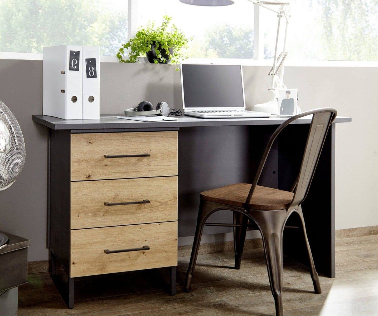 19. Two-Tone Grey and Wood Desk - grey desk office ideas