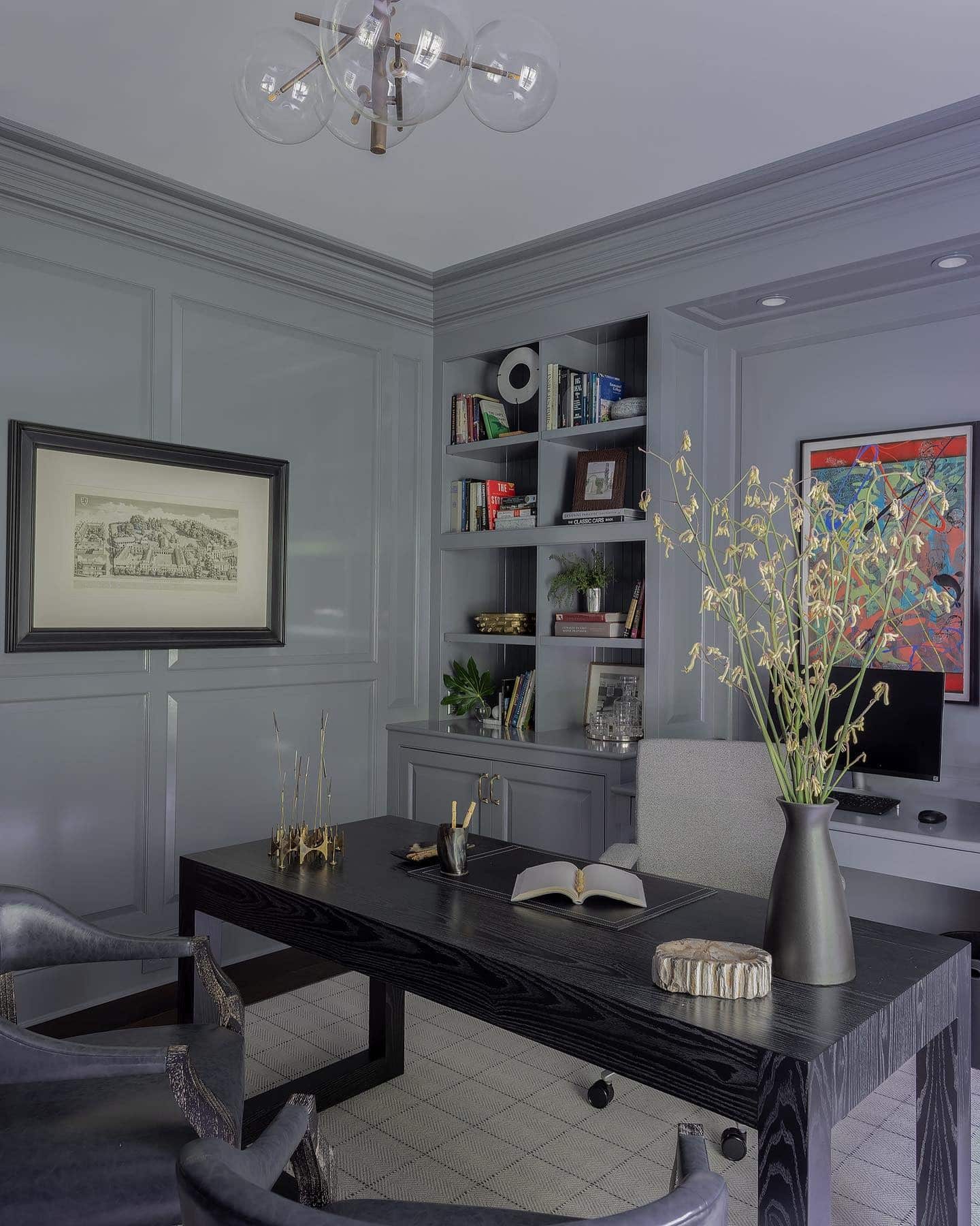 22. Sophisticated Grey Paneled Study - grey desk office ideas