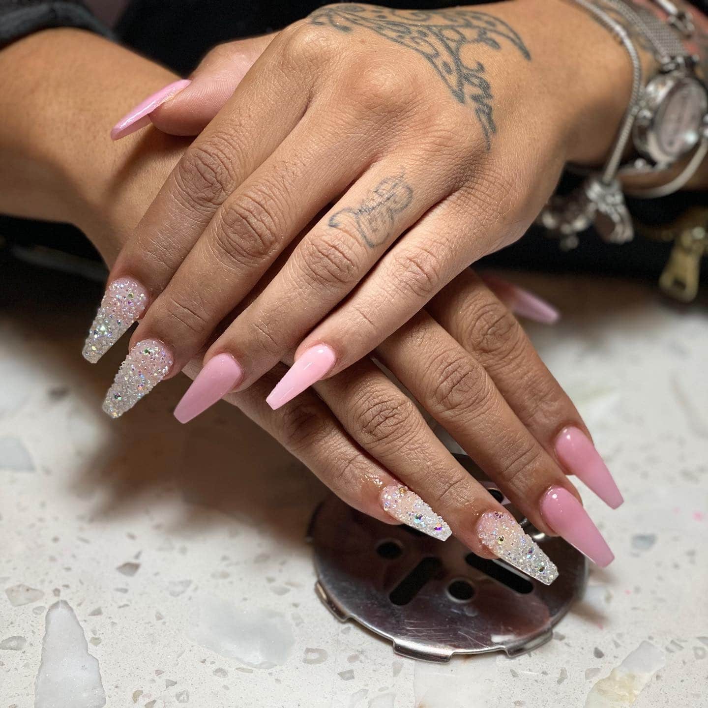 2. Pink Sparkle Coffin Nails - shiny nail ideas