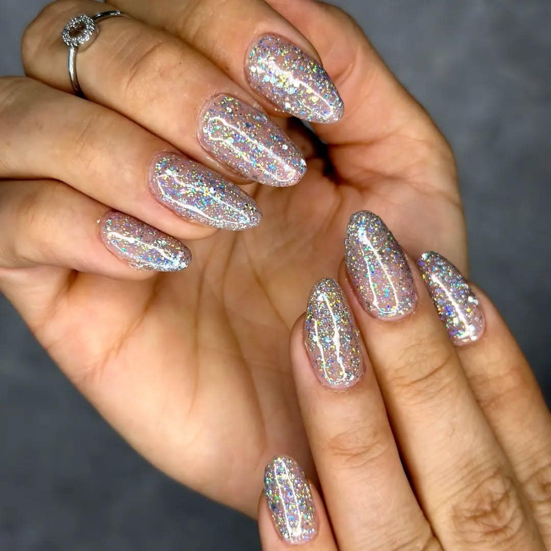 6. Holographic Sparkle Almonds - shiny nail ideas