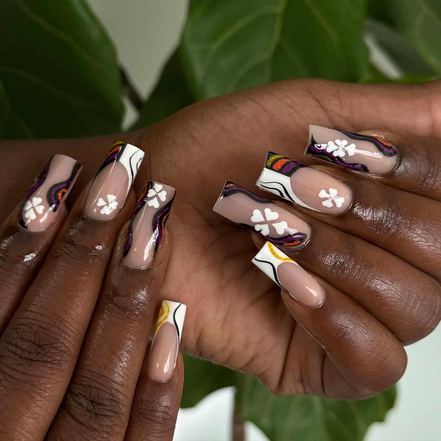 7. Artistic Floral Square Tips - shiny nail ideas