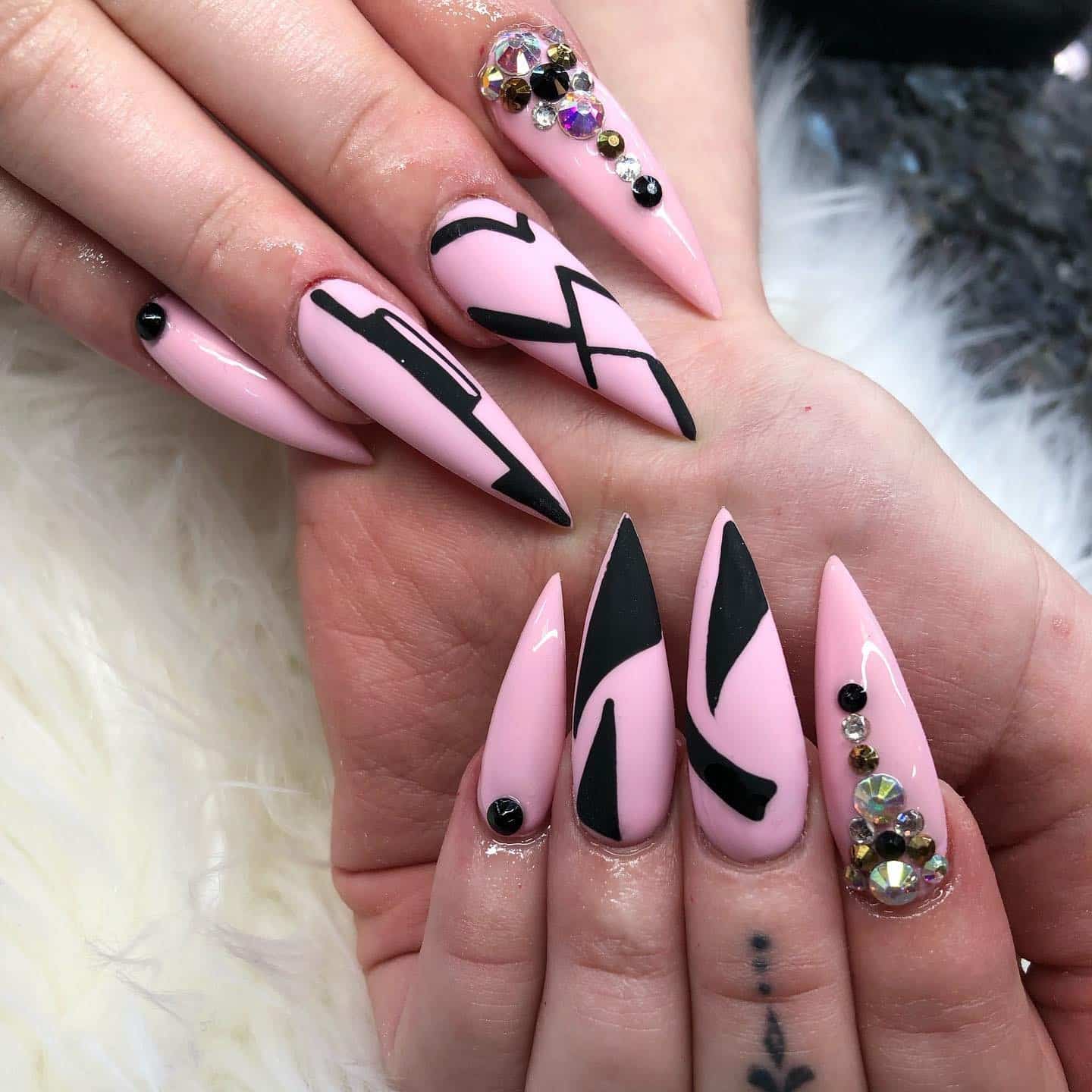 8. Bold Pink with Black Geometrics - shiny nail ideas