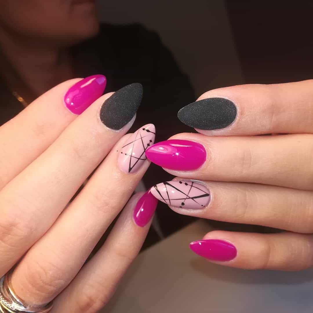 11. Bold Fuchsia and Matte Black Contrast - shiny nail ideas