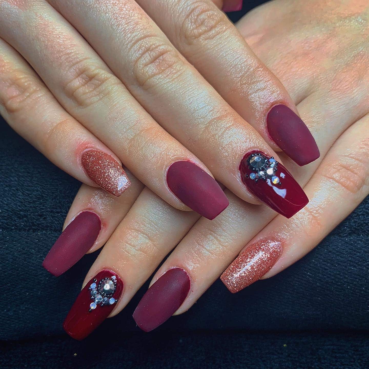 18. Deep Burgundy Glam with Glitter - shiny nail ideas