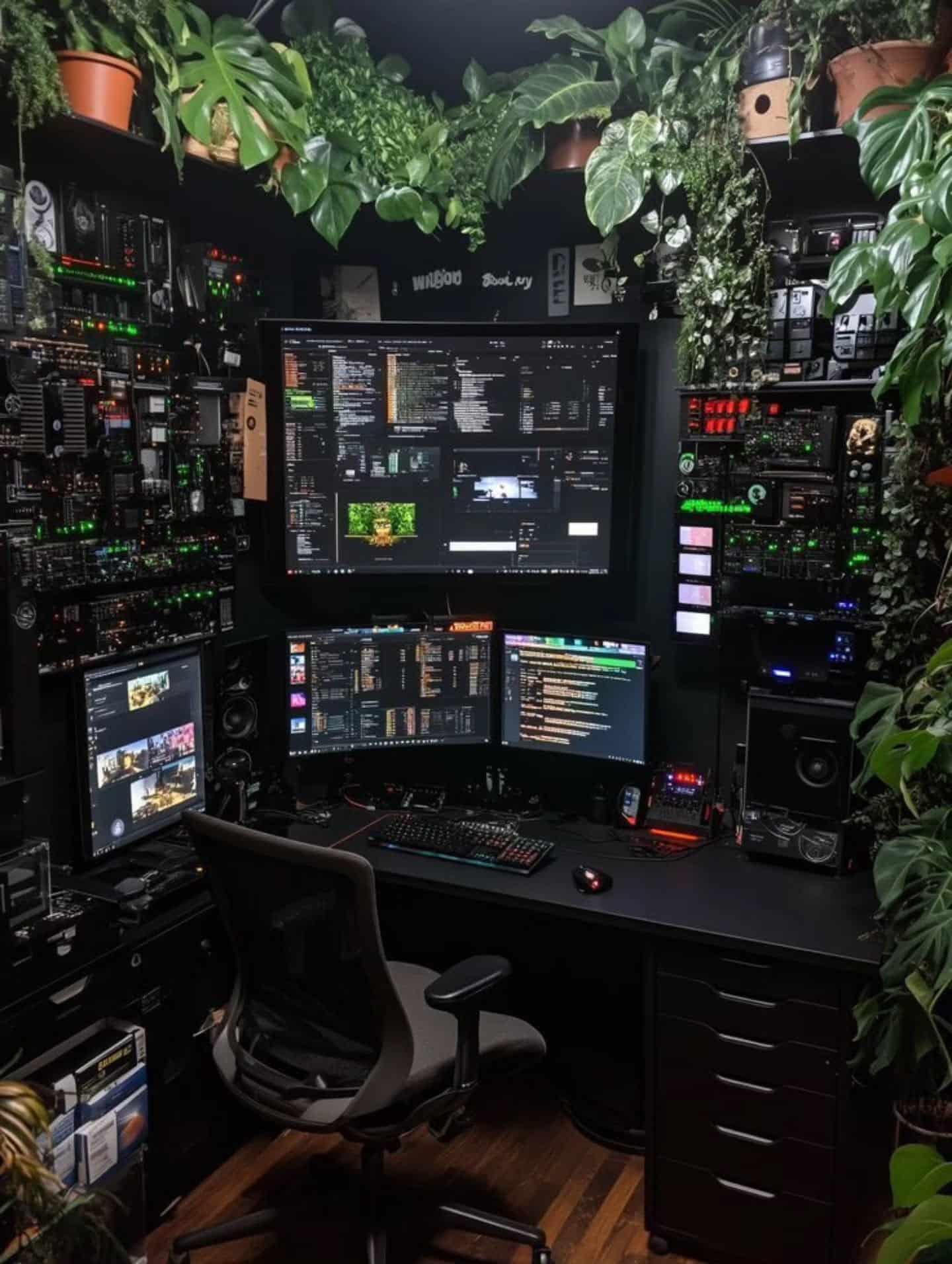 12. Tech Jungle Workspace - black desk office ideas