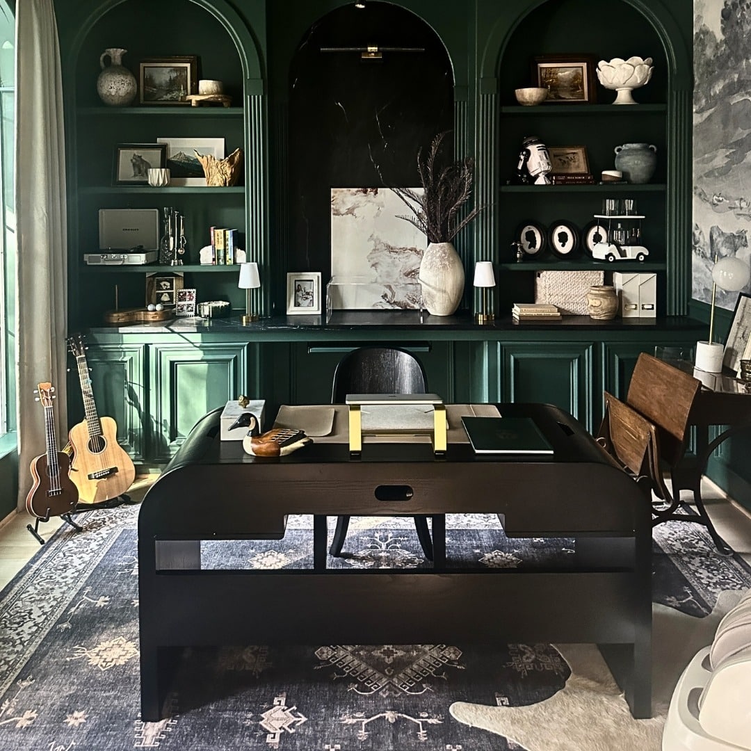 13. Deep Green Study with Artistic Touch - black desk office ideas