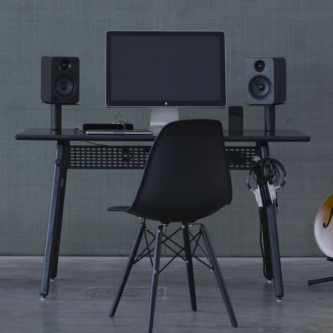 18. Audio-Focused Workspace - black desk office ideas