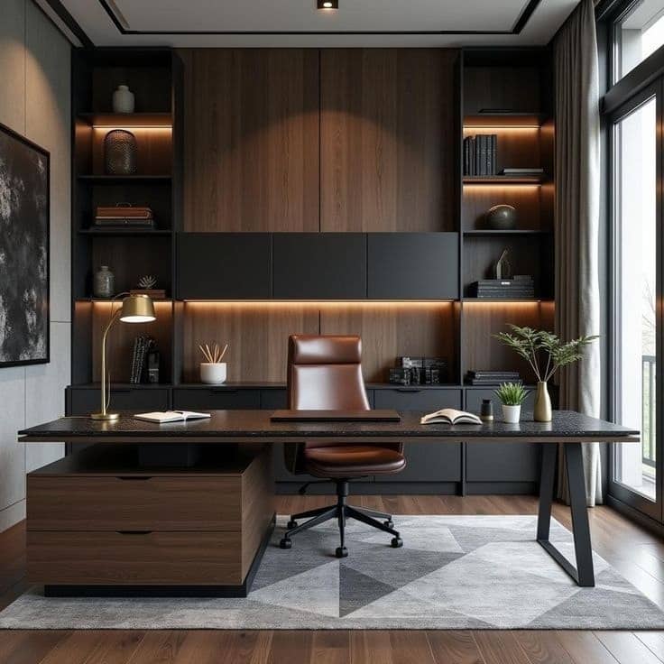 22. Executive Elegance with Wood and Black - black desk office ideas