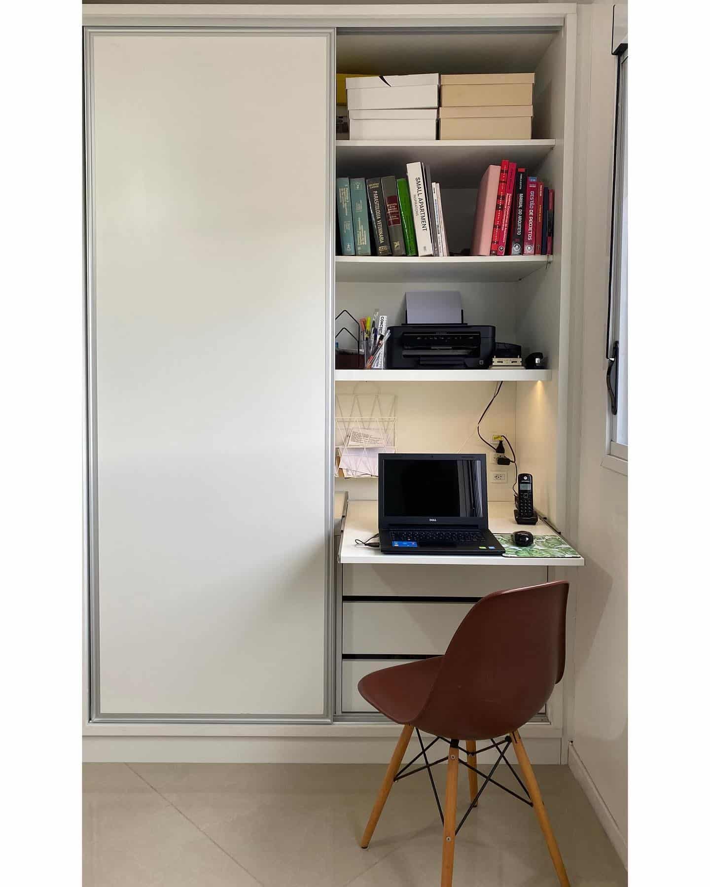 2. Compact Efficiency in White and Earth Tones - tiny home office ideas