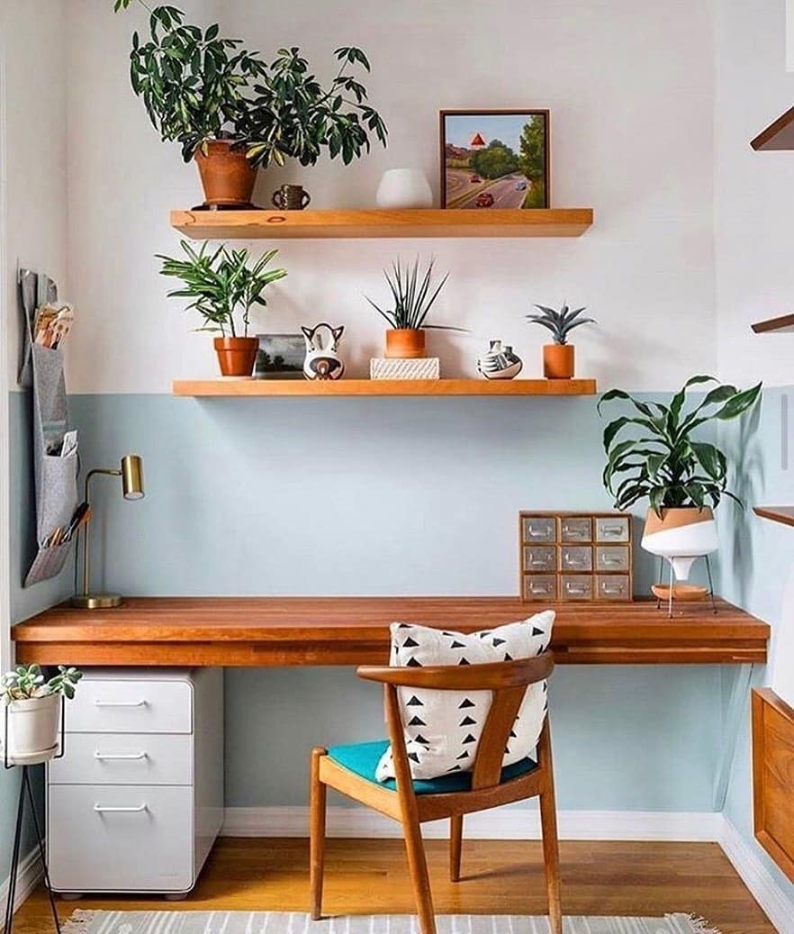 5. Playful Green Accents with Natural Wood - tiny home office ideas