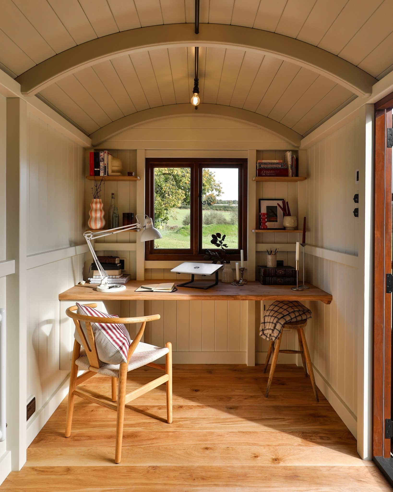 6. Cottage-Style Calm with Cream and Oak - tiny home office ideas