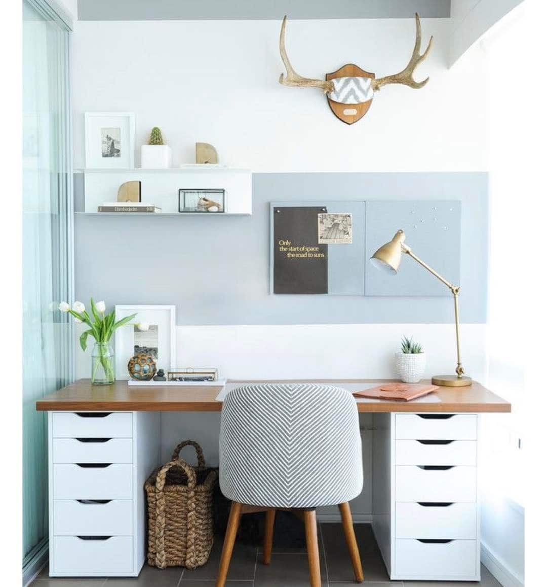 10. Balanced Modern Style with Blue and White Layers - tiny home office ideas