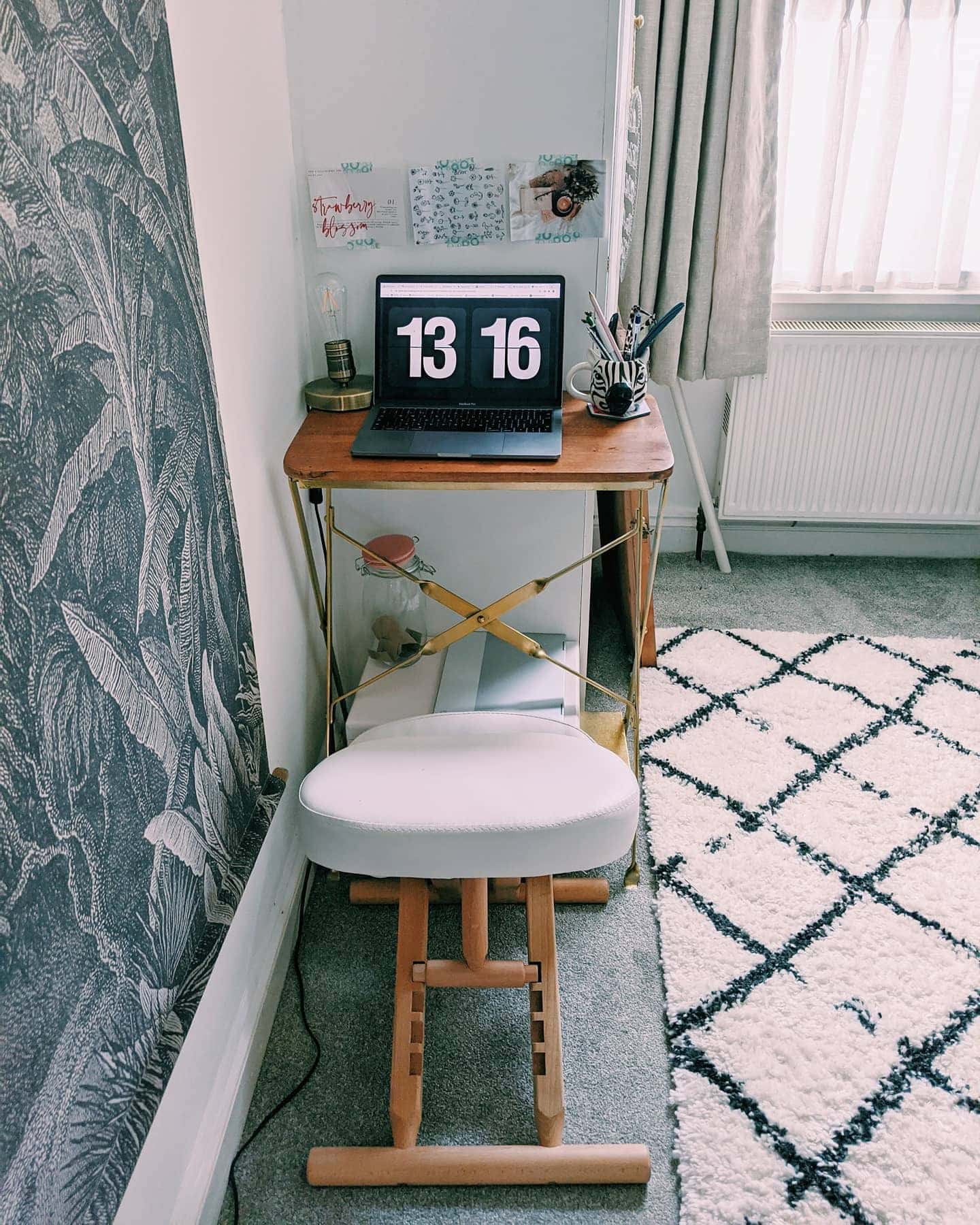 13. Minimal Compact Desk with Patterned Backdrop - tiny home office ideas