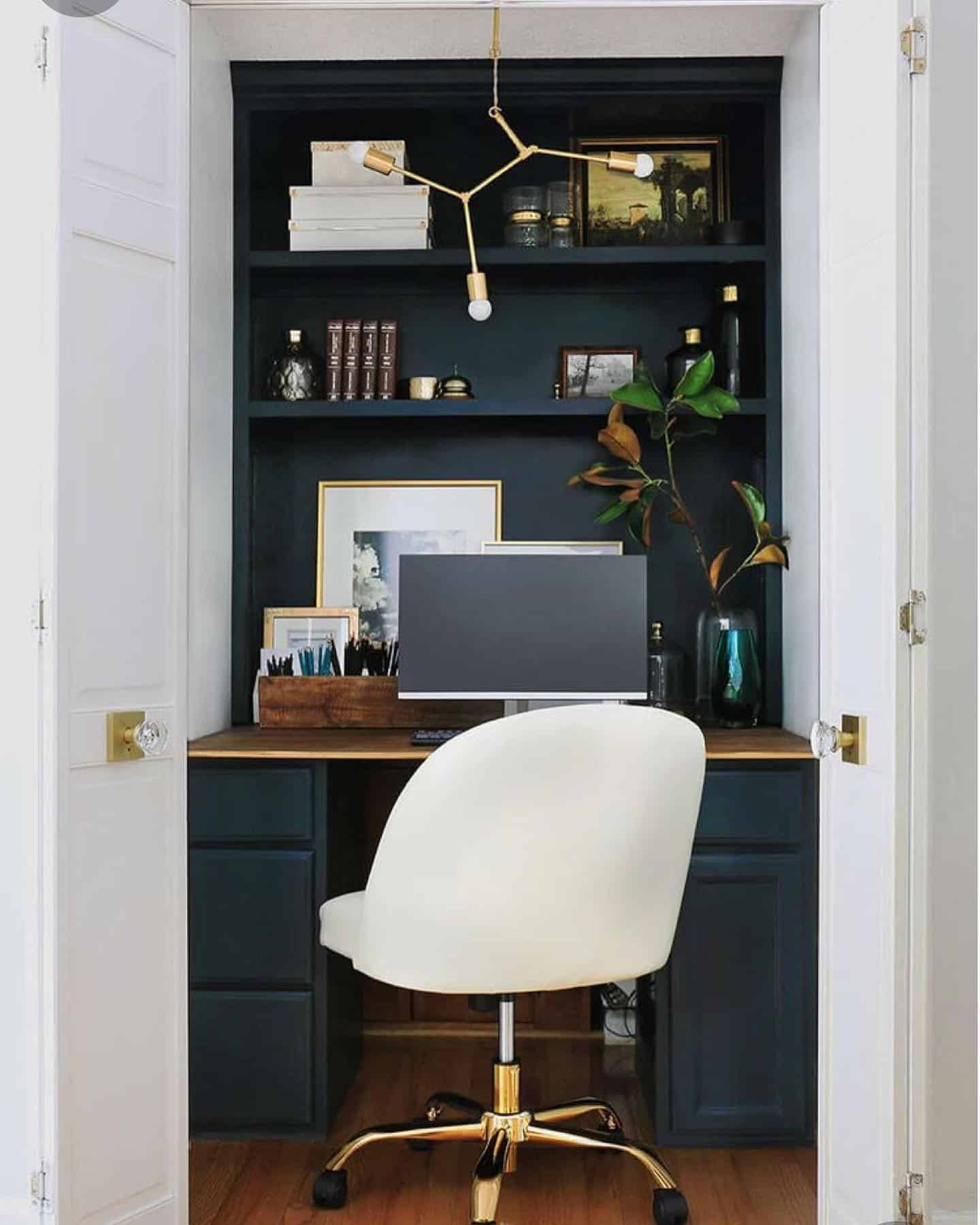 14. Dark and Dramatic Closet Office - tiny home office ideas