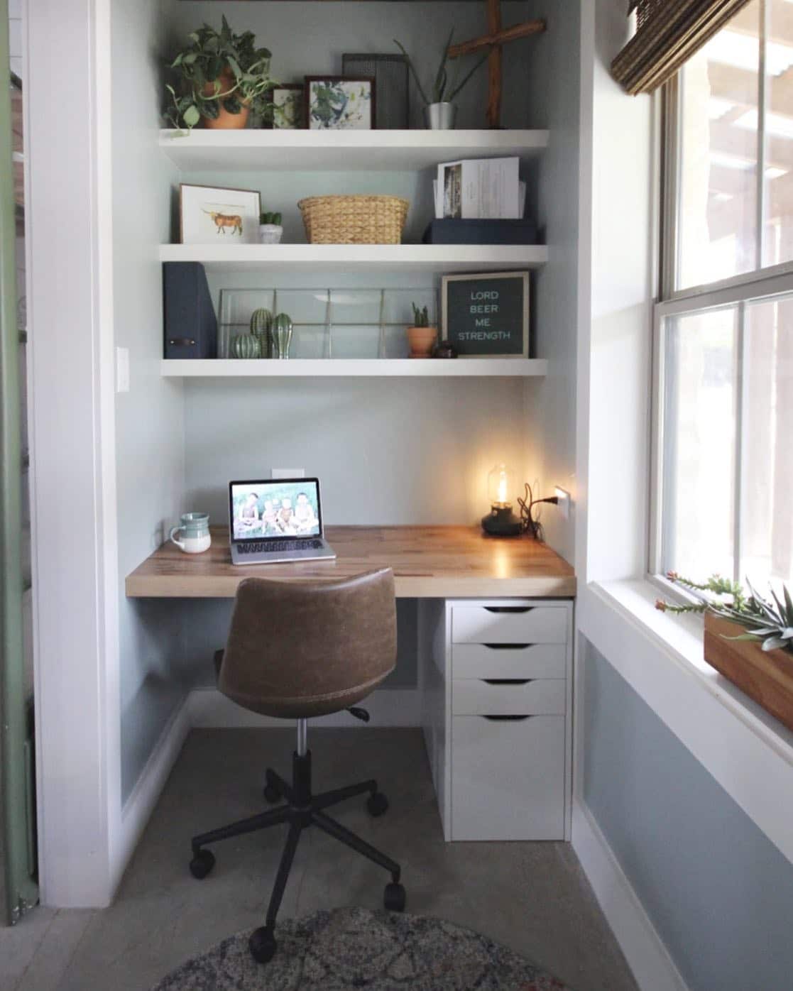 15. Fresh Blue Corner with Natural Wood - tiny home office ideas