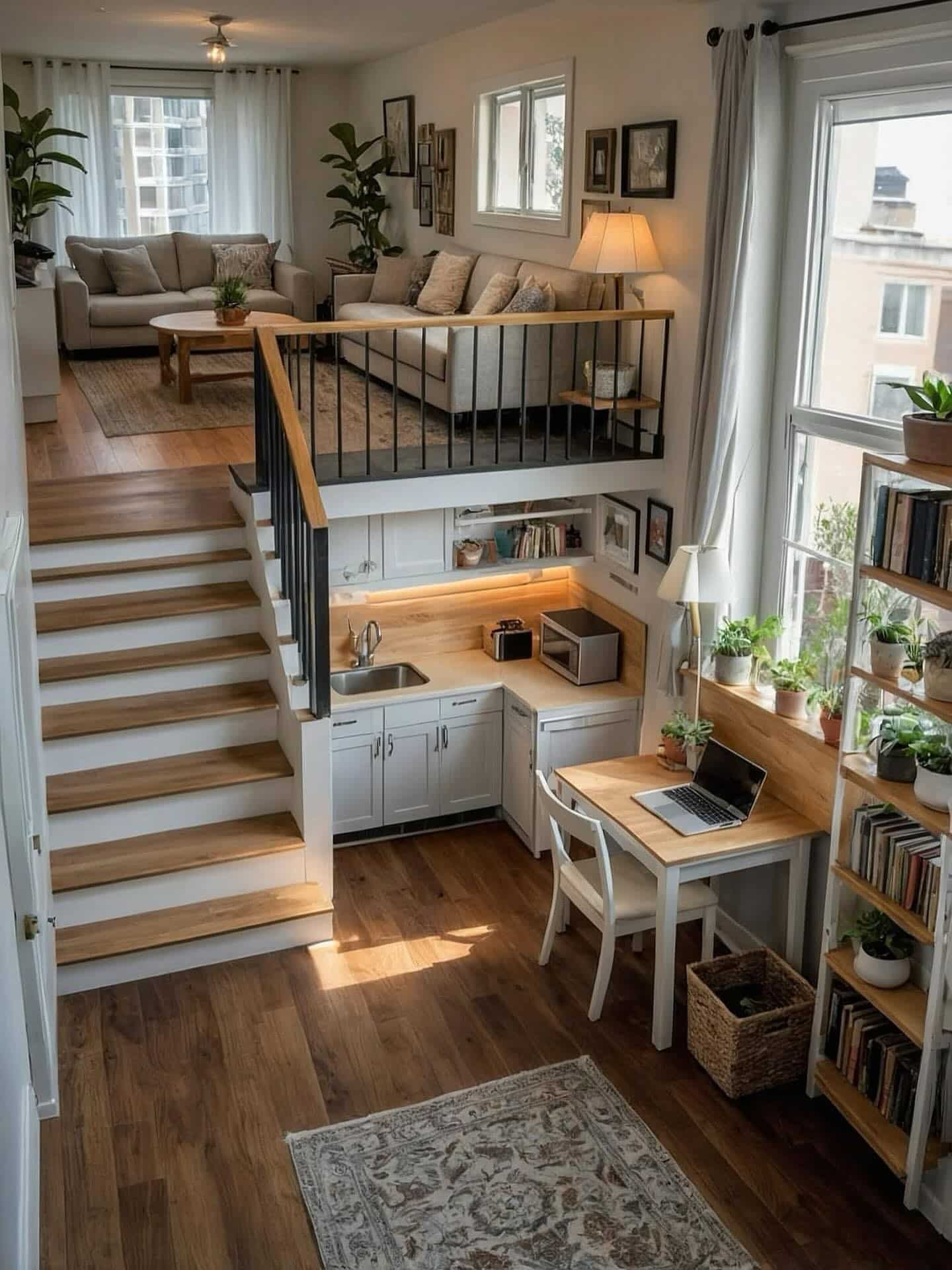 18. Split-Level Living with a Hidden Office - tiny home office ideas