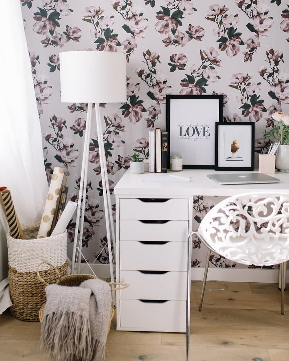 20. Floral Elegance with White Accents - tiny home office ideas