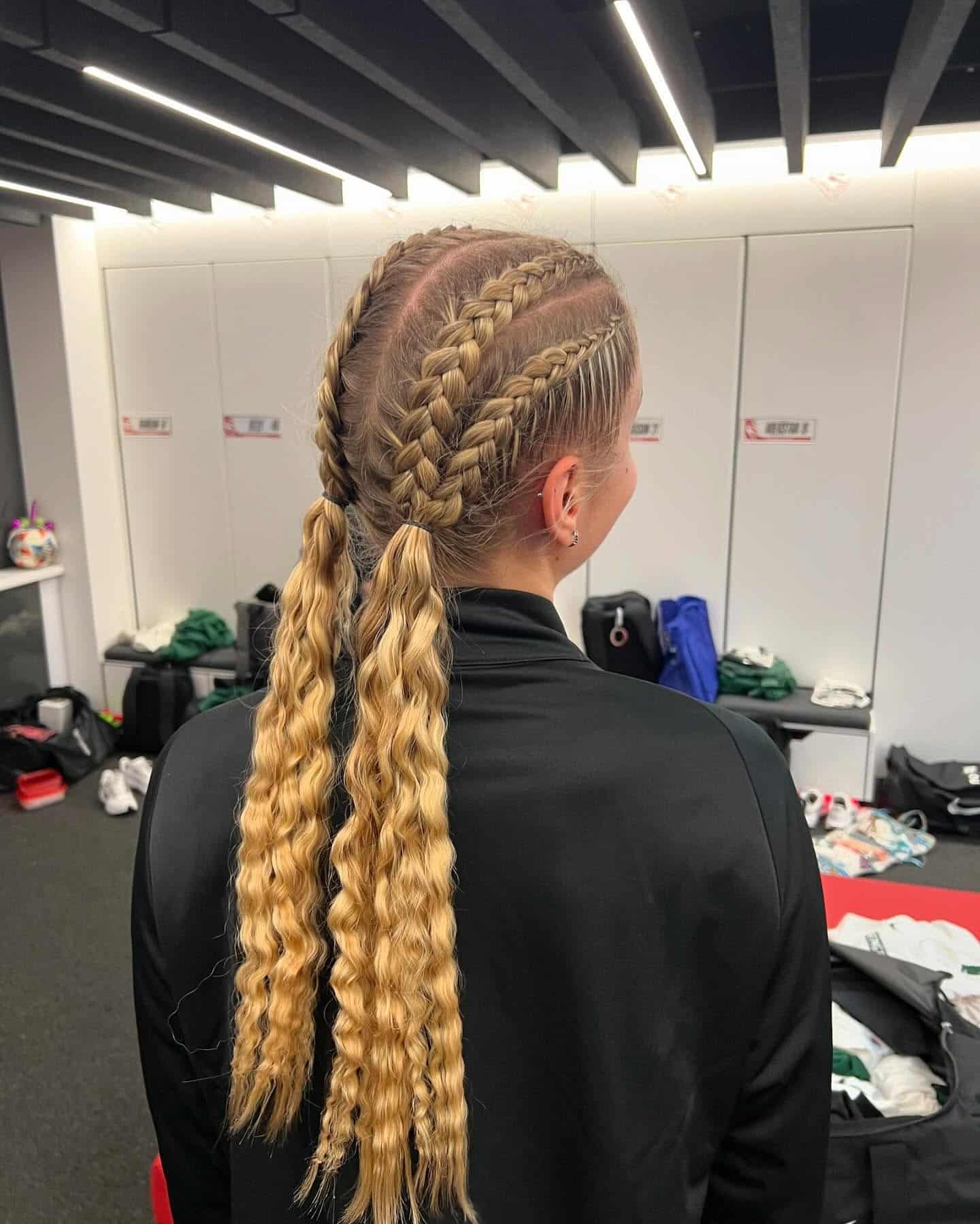 16. Twin Cornrows into Wavy Ponytails on Honey Blonde Hair - Volleyball Hairstyles