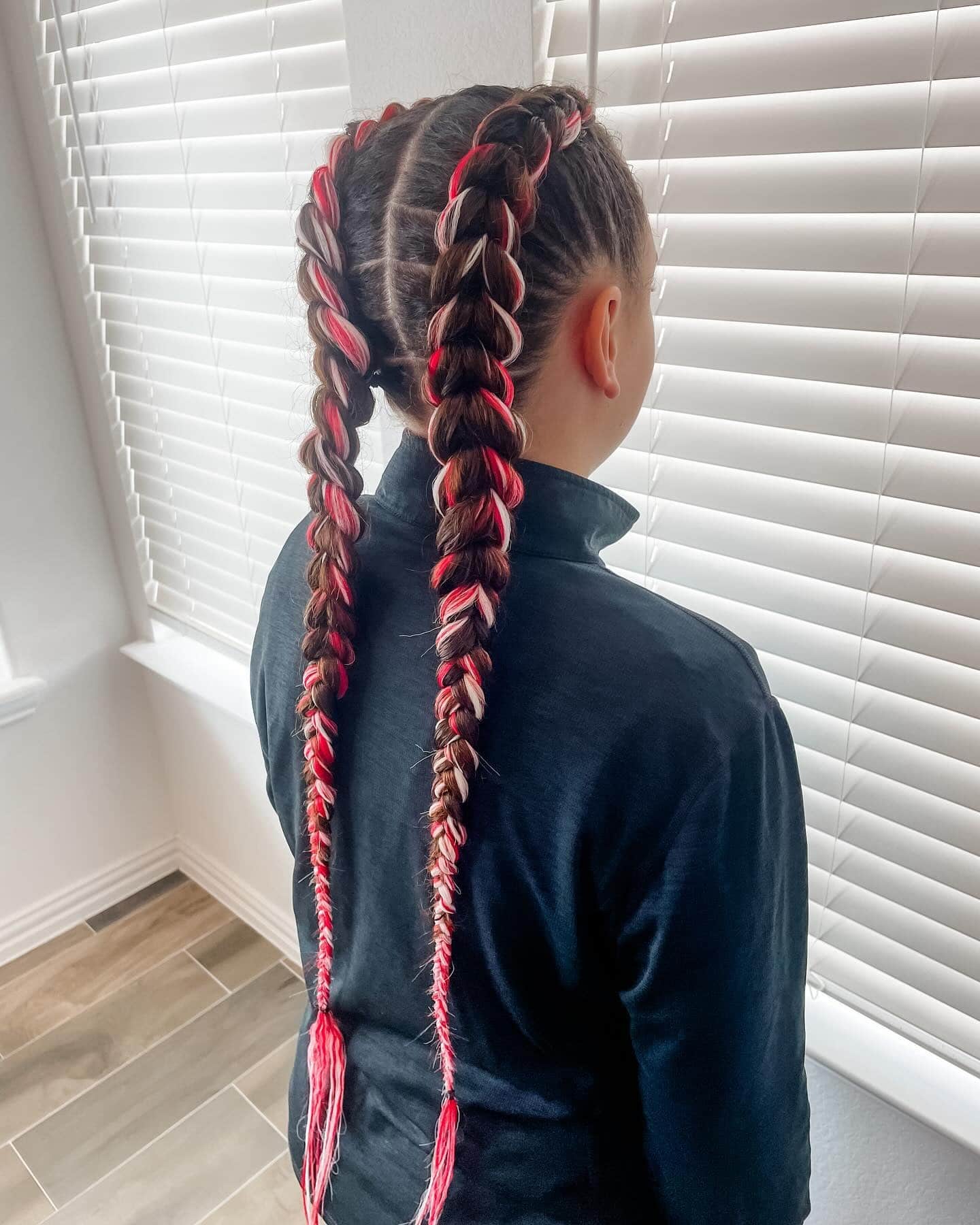 17. Dutch Braids with Red and White Extensions on Dark Brown Hair - Volleyball Hairstyles