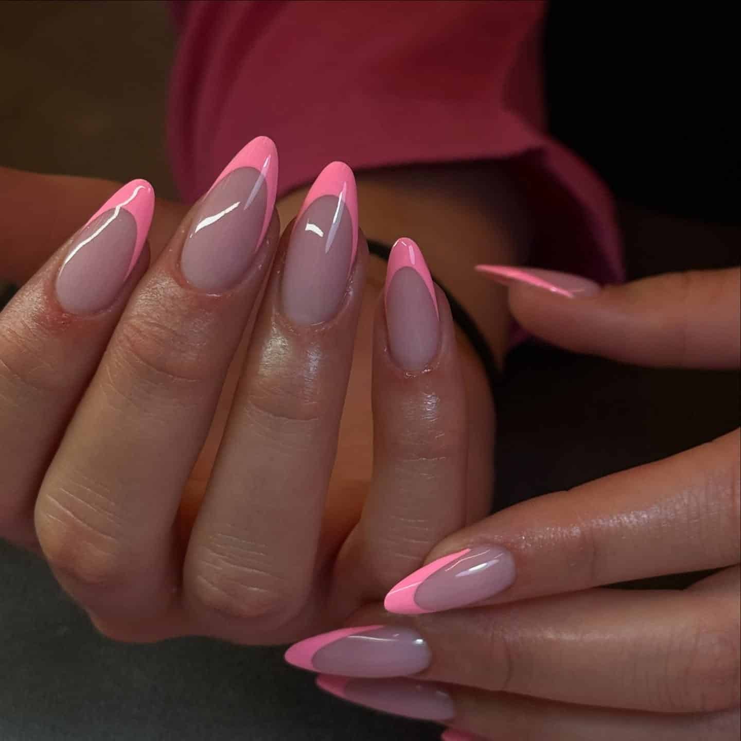 9. Almond French with Vivid Pink Tips - short pink nail ideas