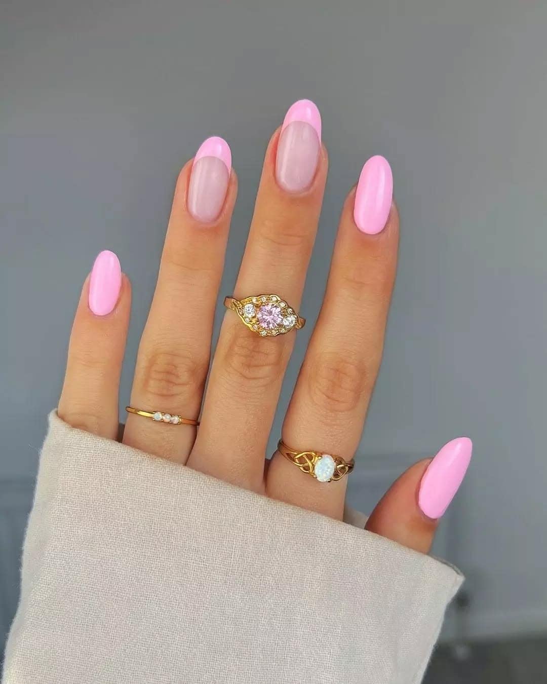 11. Almond Pink Half French - short pink nail ideas