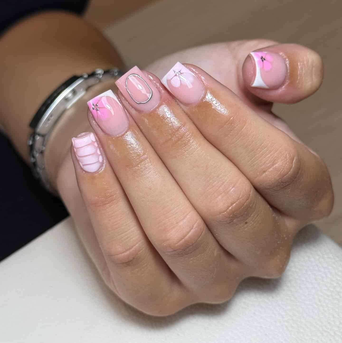 12. Short Square Pink with Mixed Art - short pink nail ideas