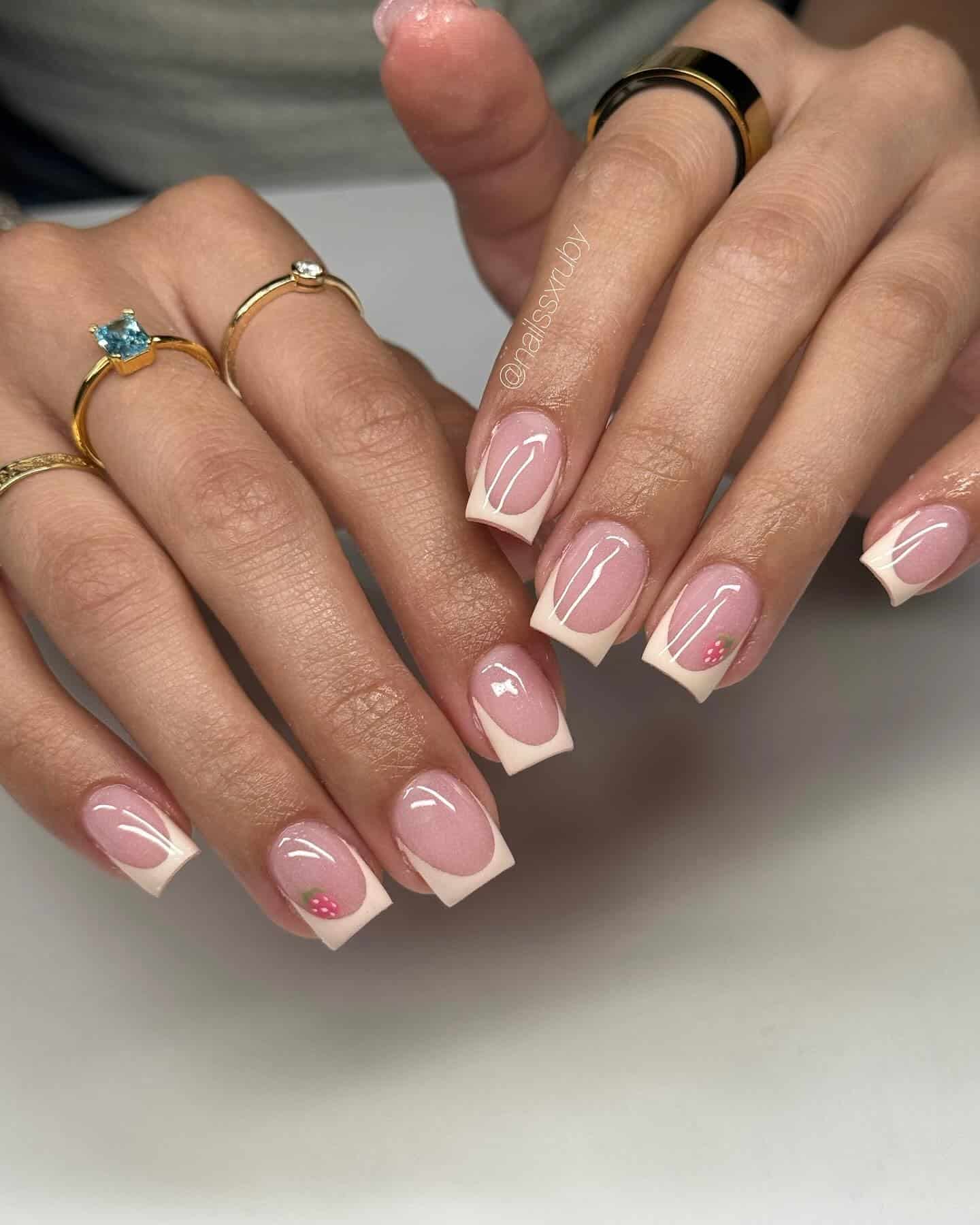 17. Square Pink French with Strawberry Accent - short pink nail ideas