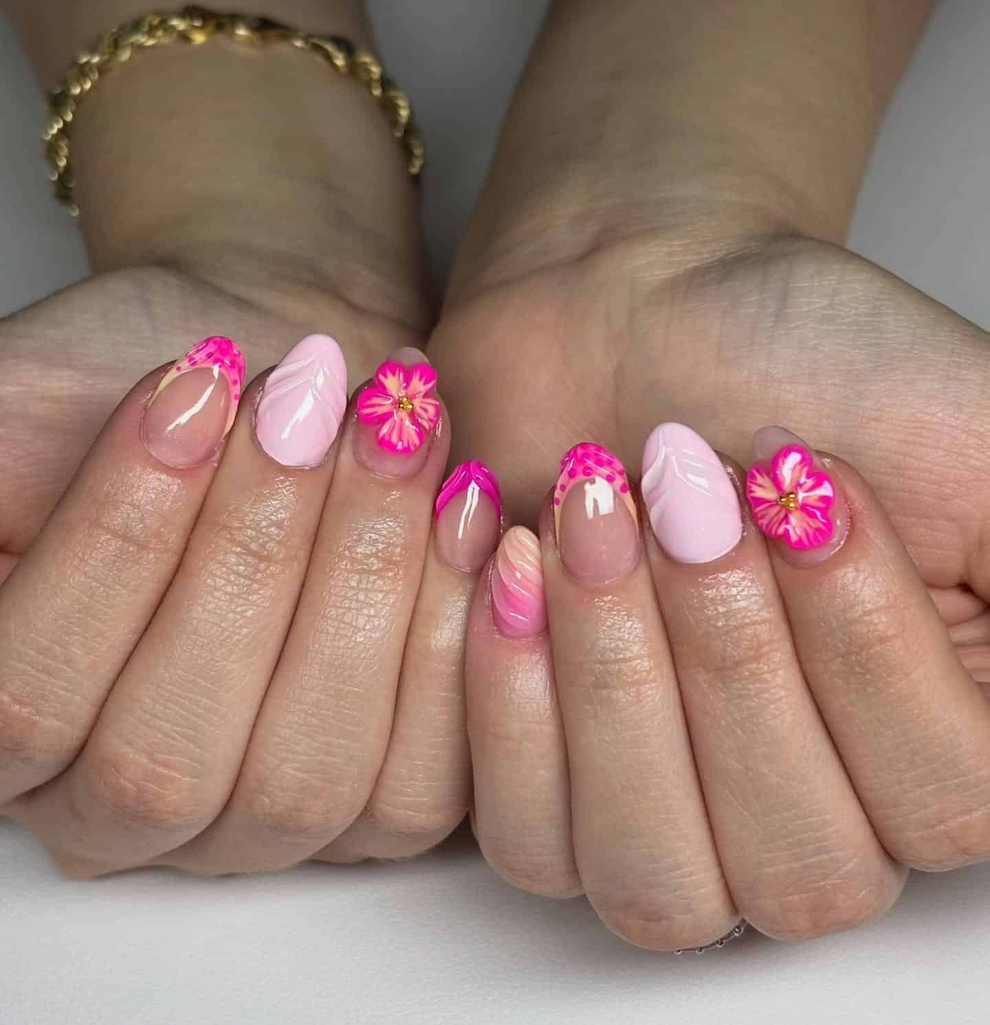 18. Almond Pink with 3D Floral Art - short pink nail ideas